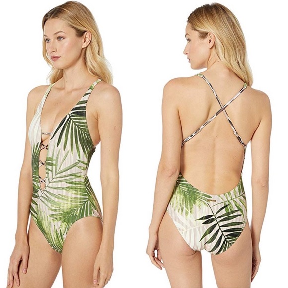 NWT Vince Camuto Tropical Palm Lace Up Plunging One Piece - Picture 2 of 6